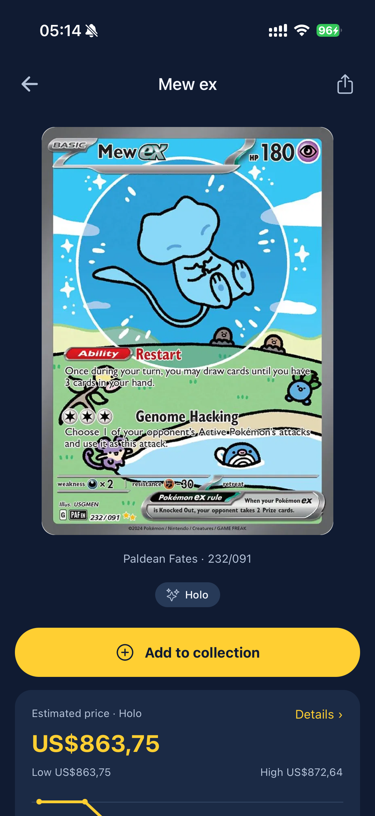 MewScan iPhone card details for a Mew ex printing, with finish information and an estimated value.