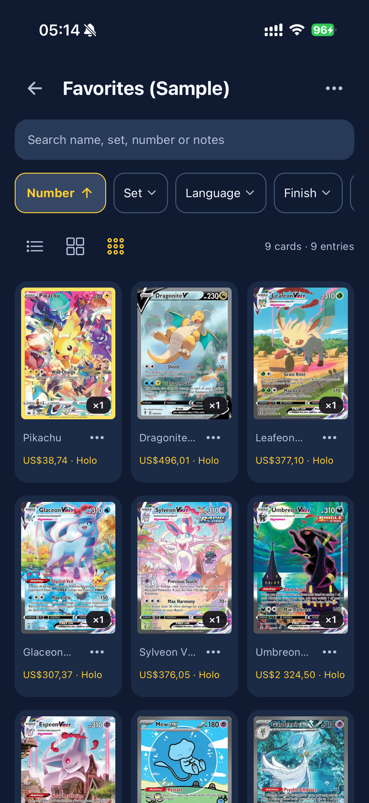 MewScan iPhone Favorites sample collection showing saved Pokémon cards.