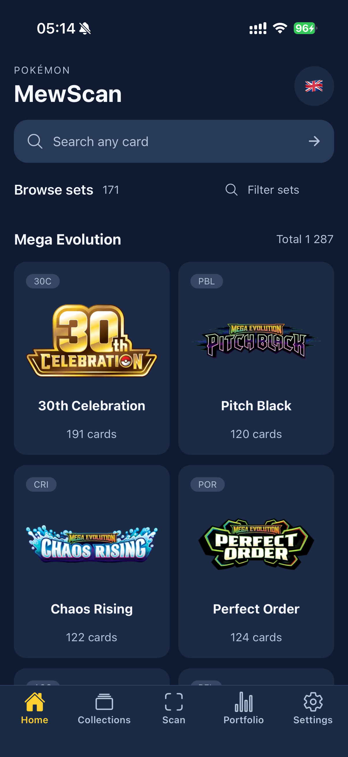 MewScan iPhone catalog showing English Pokémon card sets.